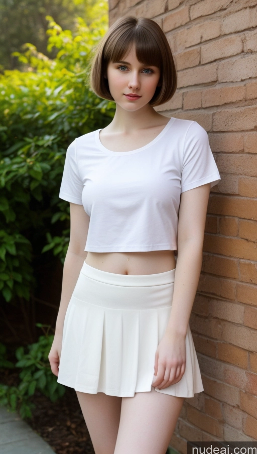 ai nude image of arafed woman in white shirt and skirt standing near brick wall pics of Beautiful Big Hips Short Hair Fairer Skin 18 Brunette Russian Skinny Small Tits Mini Skirt Shirt