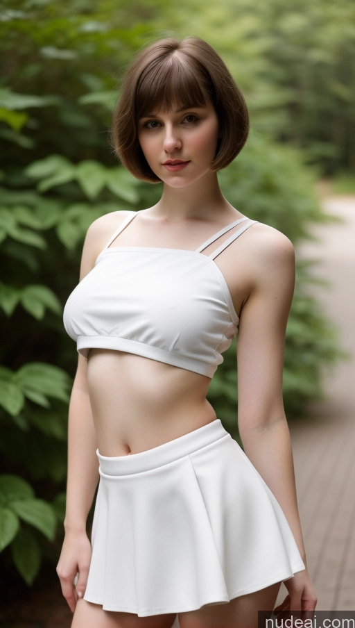 ai nude image of arafed woman in a white top and skirt posing for a picture pics of Beautiful Big Hips Short Hair Fairer Skin 18 Brunette Russian Skinny Small Tits Micro Skirt Crop Top