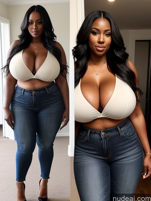 ai nude image of araffe woman in a white bra top and jeans before and after weight loss pics of Woman Huge Boobs Perfect Boobs Big Ass Big Hips Thick Perfect Body 30s Black Hair Long Hair African Blouse Jeans High Heels Cleavage Detailed Alternative Simple