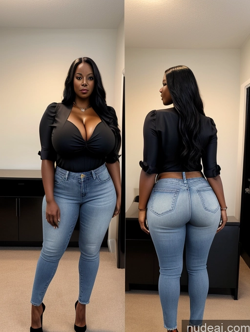 ai nude image of araffe woman in a black top and jeans standing in a room pics of Woman Huge Boobs Perfect Boobs Big Ass Big Hips Thick Perfect Body 30s Black Hair Long Hair African Blouse Jeans High Heels Cleavage Detailed Alternative Simple