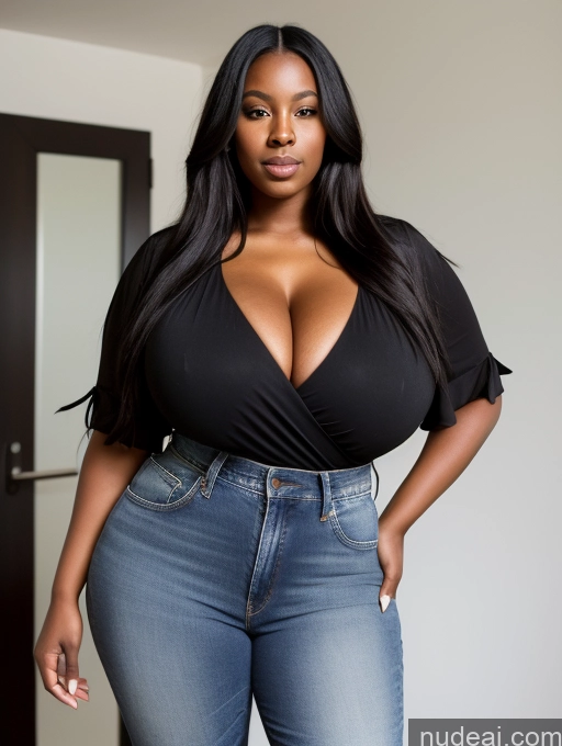 ai nude image of a pregnant woman in a black top and jeans posing for a picture pics of Woman Huge Boobs Perfect Boobs Big Ass Big Hips Thick Perfect Body 30s Black Hair Long Hair African Blouse Jeans High Heels Cleavage Detailed Alternative Simple