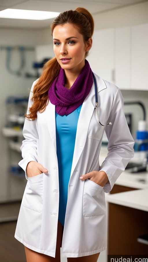 ai nude image of arafed woman in a lab coat and scarf standing in a kitchen pics of Perfect Body Pubic Hair 20s Seductive Ginger One Doctor High Heels Lab Coat Cleavage Partially Nude Dress Scarf Close-up View Ponytail