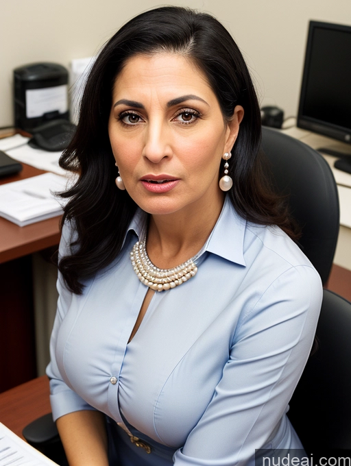 ai nude image of woman sitting at a desk with a computer and a keyboard pics of Woman Busty Skinny Short Shocked Angry Black Hair Jewish Front View Dress Traditional Stylish Pearl Jewelry 50s Secretary Office