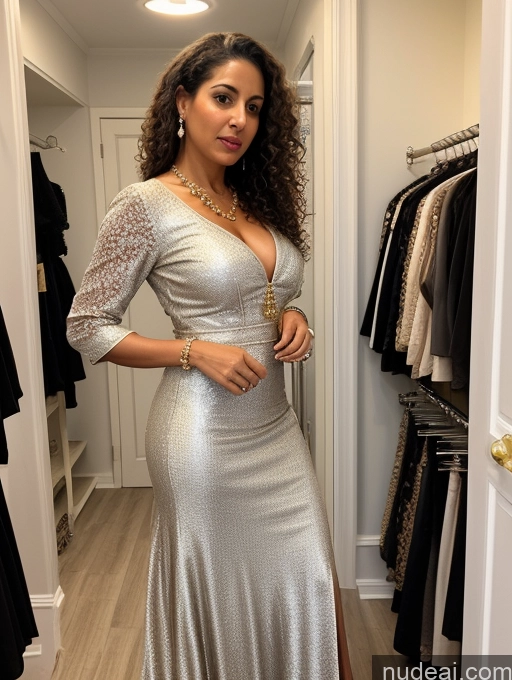 ai nude image of araffe woman in a silver dress standing in a closet pics of Woman Busty Skinny Short Shocked Front View Dress Traditional Pearl Jewelry 50s Changing Room Blouse Long Skirt Dark Skin Brunette Curly Hair Jewish