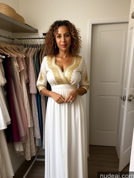 ai nude image of arafed woman in a white dress standing in front of a rack of clothes pics of Woman Busty Skinny Short Shocked Front View Dress Traditional Pearl Jewelry 50s Changing Room Blouse Long Skirt Dark Skin Curly Hair Jewish Ginger