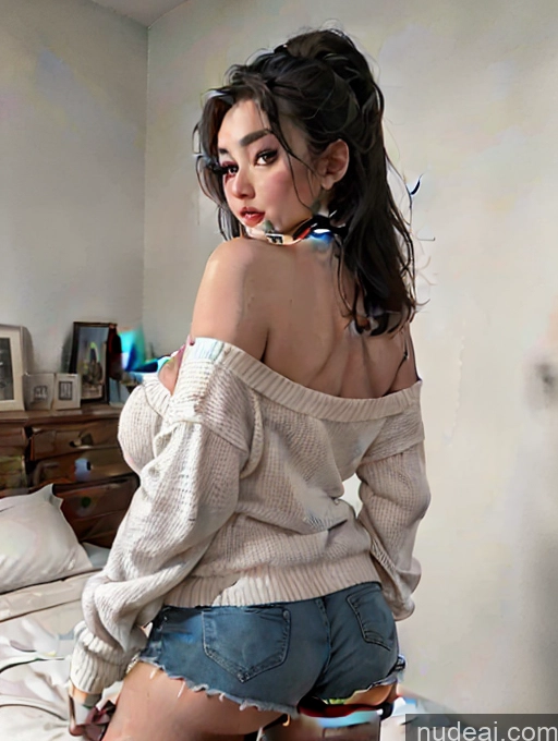 Genshin-ganyu, Bare Shoulders Woman One Huge Boobs Skinny 18 Seductive Black Hair Long Hair White Mirror Selfie Bedroom Close-up View Panties Blouse Shirt Sweater Short Shorts Bra Fat Strapless Oversized Sweater/Hoodie