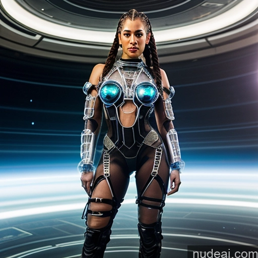 ai nude image of arafed woman in futuristic suit standing in a futuristic space setting pics of Perfect Boobs Small Tits Perfect Body 30s Braided Middle Eastern Cyberpunk Sci-fi Armor Space Suit Transparent Pubic Hair Cyborg