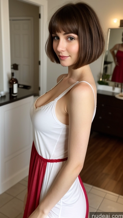 ai nude image of arafed woman in a white and red dress posing for a picture pics of Small Tits Beautiful Skinny Short Hair Fairer Skin 18 Brunette Russian Party Tank Top Nightgown