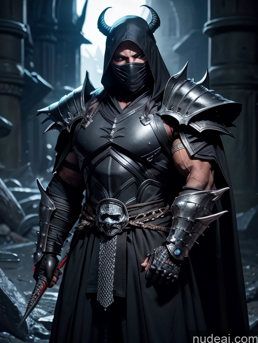 ai nude image of arafed man in a black outfit with a horned mask and a sword pics of Death Knight Black Hair Fantasy Armor Dark Lighting Knight Ninja Hell Alternative Bodybuilder