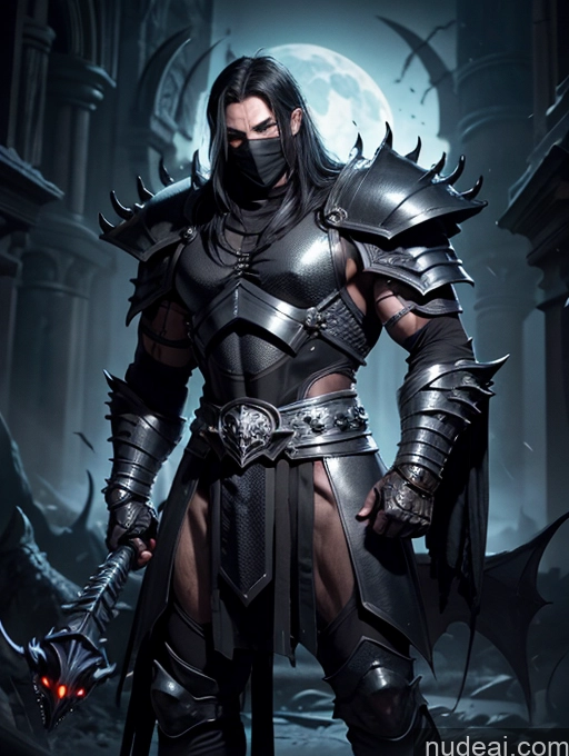 ai nude image of arafed male in armor with a sword and a full moon pics of Death Knight Black Hair Fantasy Armor Dark Lighting Knight Ninja Hell Alternative Bodybuilder