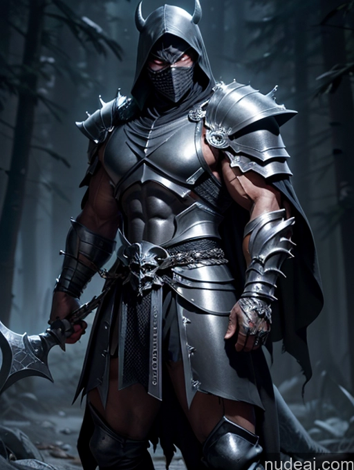 ai nude image of arafed knight in armor with a sword in a dark forest pics of Death Knight Black Hair Fantasy Armor Dark Lighting Knight Ninja Alternative Bodybuilder Busty Perfect Body Muscular Thick Abs