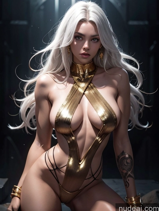 ai nude image of a woman with a very big breast posing naked in a gold outfit pics of Fantasy Armor Knight Busty Muscular Dark Fantasy Miss Universe Model White Hair Dark Skin Tanned Skin Working Out Skinny Serious Tattoos Gold Jewelry Alternative Powering Up Bright Lighting Black Pubic Hair Oiled Body SidelessLeotard