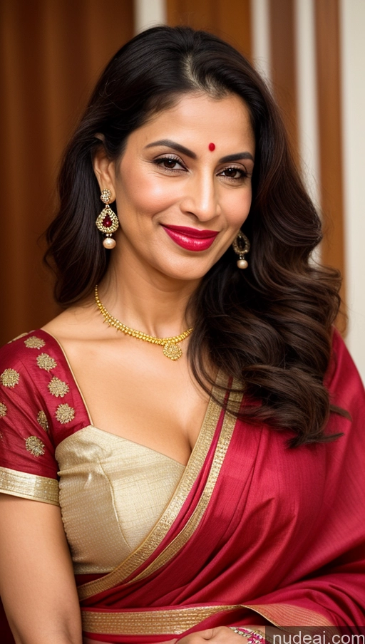 ai nude image of arafed woman in a red sari with gold jewelry and a red lipstick pics of Milf Small Tits Lipstick Pubic Hair 40s Pouting Lips Happy Brunette Slicked Watercolor Onsen Close-up View Cleavage Diamond Jewelry Gold Jewelry Pearl Jewelry Traditional Sari Indian Tribal Dress