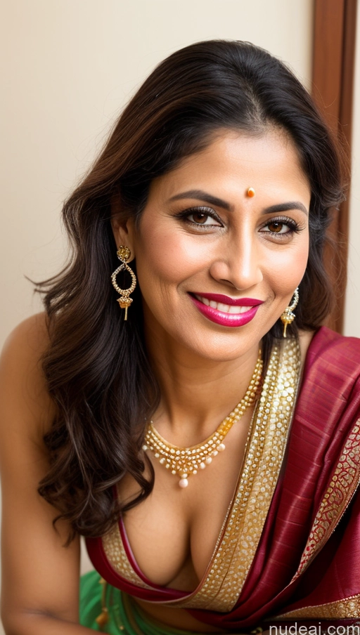 ai nude image of smiling woman in a sari with a gold necklace and earrings pics of Milf Small Tits Lipstick Pubic Hair 40s Pouting Lips Happy Brunette Slicked Watercolor Onsen Close-up View Diamond Jewelry Gold Jewelry Pearl Jewelry Traditional Sari Indian Tribal Dress Partially Nude