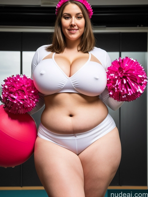 ai nude image of araffe woman in white underwear holding a pink ball and pom poms pics of Huge Boobs Big Ass Big Hips Tall Fairer Skin 30s Brunette Bobcut White Gym Chubby Muffin Top Cheerleader