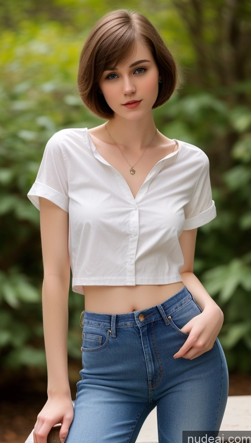 ai nude image of arafed woman in white shirt and jeans posing for a picture pics of Small Tits Beautiful Skinny Short Hair Fairer Skin 18 Brunette Russian Jeans Detailed One Shirt