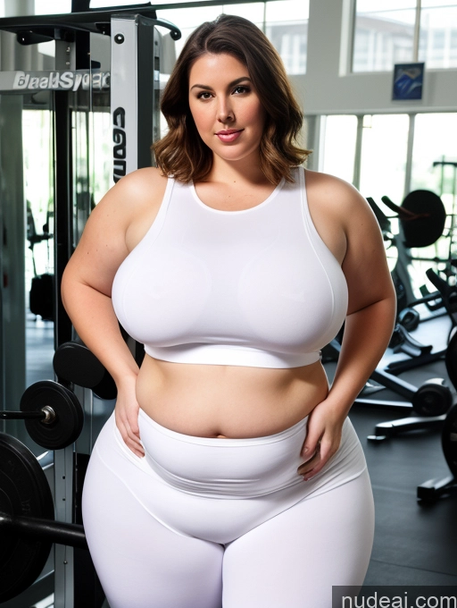 ai nude image of araffe woman in white sports bra top and white shorts in a gym pics of Big Ass Big Hips Tall Fairer Skin 30s Brunette Bobcut White Gym Chubby Muffin Top Huge Boobs Spandex