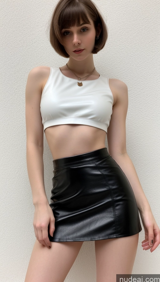 ai nude image of arafed woman in a white crop top and black leather skirt pics of Small Tits Beautiful Skinny Short Hair Fairer Skin 18 Brunette Russian Detailed One Mini Skirt Leather Crop Top