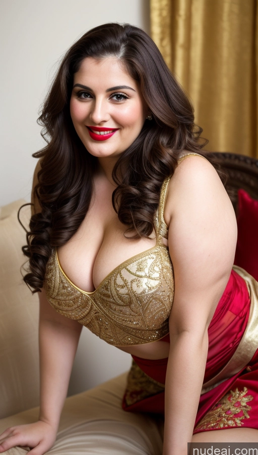 ai nude image of araffe woman in a gold and red dress posing on a couch pics of Milf Busty Beautiful Lipstick Thick Big Hips Chubby Fat Fairer Skin 20s Happy Seductive Brunette Long Hair Russian Party Front View Straddling Sari Blouse Dirndl Victorian Cleavage Gold Jewelry