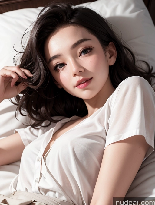 ai nude image of araffe woman laying in bed with white sheets and a white shirt pics of Model One Fairer Skin 18 Happy Black Hair Asian Bedroom Close-up View On Back Shirt Sexy Face