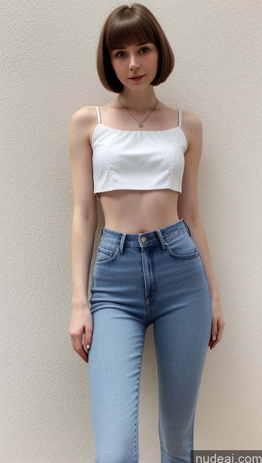 ai nude image of arafed woman in white top and jeans standing against a wall pics of One Small Tits Beautiful Skinny Short Hair Fairer Skin 18 Brunette Russian Detailed Blouse Jeans Crop Top