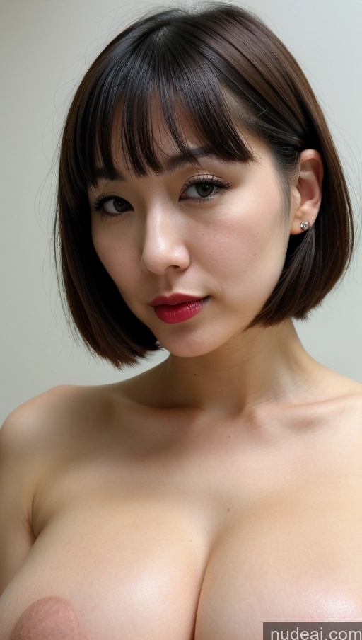 ai nude image of arafed asian woman with a very big breast posing for a picture pics of Woman One Huge Boobs Beautiful 30s Black Hair Close-up View Nude Detailed Simple Japanese Lipstick Fairer Skin Bobcut