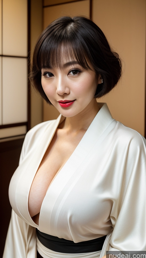 ai nude image of araffe asian woman in a white robe posing for a picture pics of Woman One Huge Boobs Beautiful 30s Black Hair Close-up View Detailed Simple Japanese Lipstick Fairer Skin Bobcut Kimono