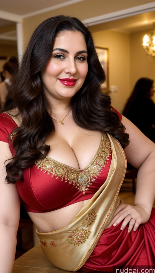 ai nude image of araffe woman in a red and gold sari posing for a picture pics of Milf Busty Beautiful Lipstick Thick Big Hips Chubby Fat Fairer Skin 20s Happy Seductive Brunette Long Hair Russian Party Front View Straddling Sari Blouse Dirndl Victorian Cleavage Gold Jewelry