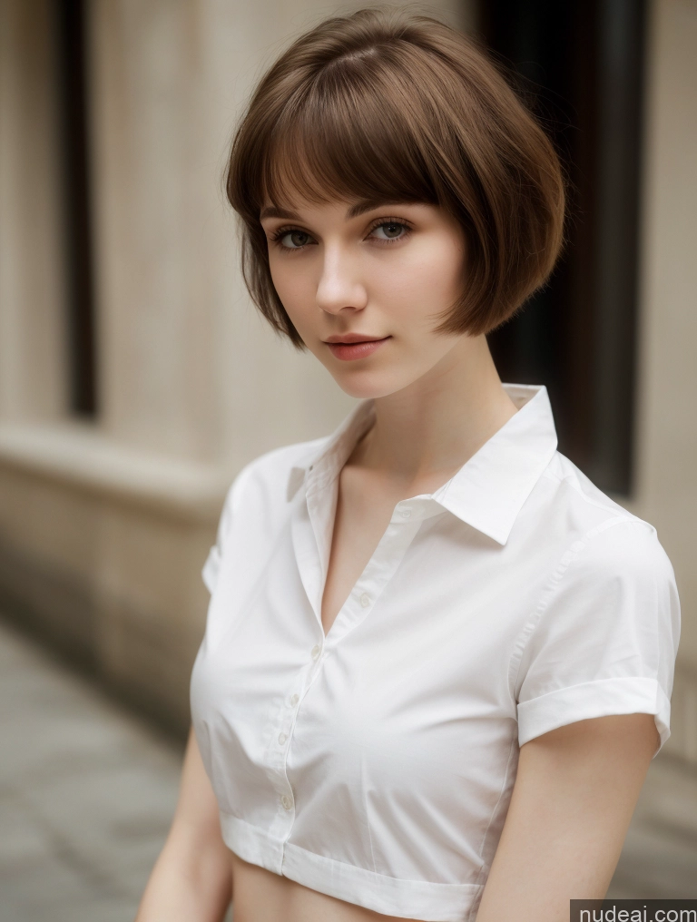 ai nude image of arafed woman in white shirt and black skirt standing on sidewalk pics of One Small Tits Beautiful Skinny Short Hair Fairer Skin 18 Brunette Russian Close-up View Shirt