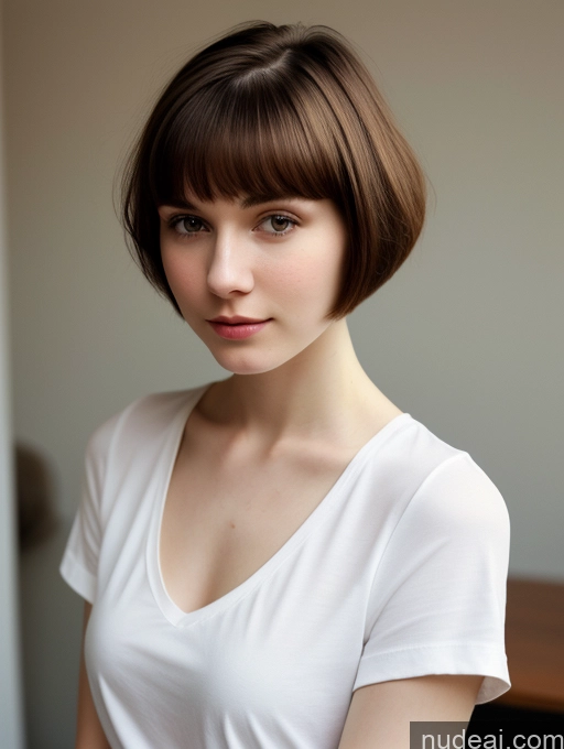 ai nude image of arafed woman with short brown hair and white shirt posing for a picture pics of One Small Tits Beautiful Skinny Short Hair Fairer Skin 18 Brunette Russian Close-up View Shirt