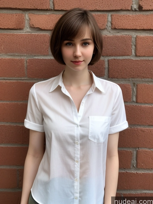 ai nude image of arafed woman in white shirt standing in front of a brick wall pics of One Small Tits Beautiful Skinny Short Hair Fairer Skin 18 Brunette Russian Close-up View Shirt