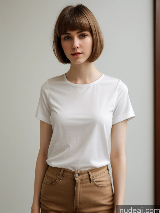 ai nude image of arafed woman in a white shirt and brown pants posing for a picture pics of One Small Tits Beautiful Skinny Short Hair Fairer Skin 18 Brunette Russian Close-up View Shirt