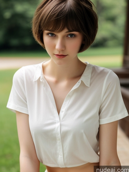 ai nude image of arafed woman in white shirt and jeans posing for a picture pics of One Small Tits Beautiful Skinny Short Hair Fairer Skin 18 Brunette Russian Close-up View Shirt