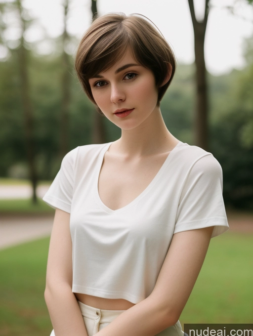 ai nude image of arafed woman in white shirt and white pants posing for a picture pics of One Small Tits Beautiful Skinny Short Hair Fairer Skin 18 Brunette Russian Close-up View Shirt