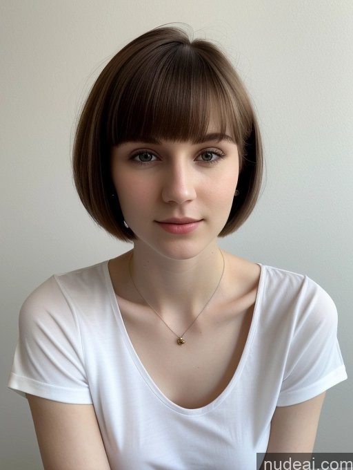 ai nude image of arafed woman with a white shirt and a necklace on pics of One Small Tits Beautiful Skinny Short Hair Fairer Skin 18 Brunette Russian Close-up View Shirt