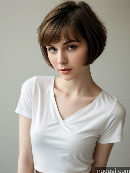 ai nude image of arafed woman with short hair wearing a white shirt and a brown belt pics of One Small Tits Beautiful Skinny Short Hair Fairer Skin 18 Brunette Russian Close-up View Shirt