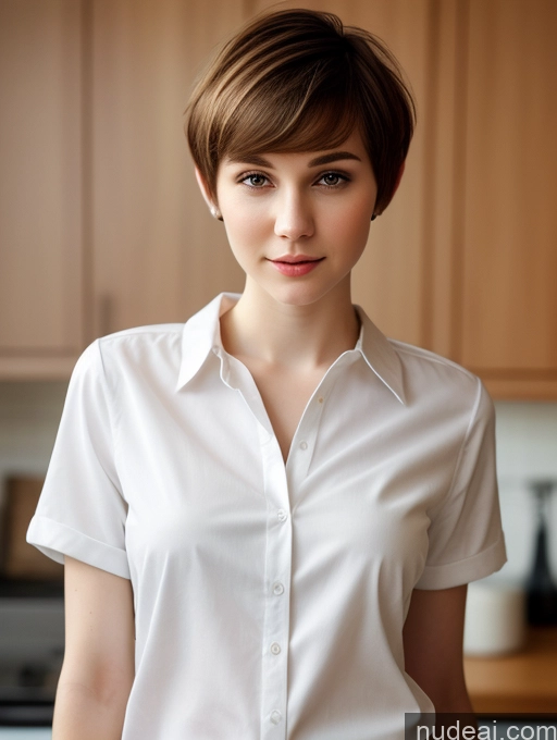 ai nude image of there is a woman standing in a kitchen with a white shirt pics of One Small Tits Beautiful Skinny Short Hair Fairer Skin 18 Brunette Russian Close-up View Shirt