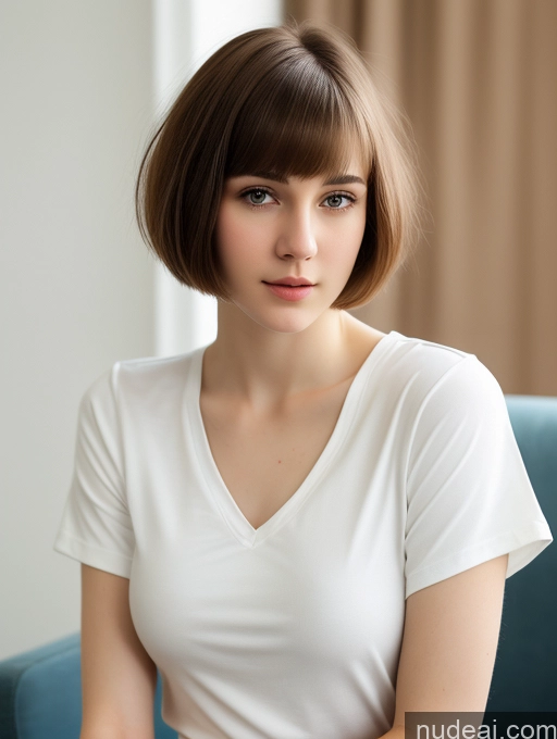 ai nude image of there is a woman sitting on a blue couch with a white shirt pics of One Small Tits Beautiful Skinny Short Hair Fairer Skin 18 Brunette Russian Close-up View Shirt Thick