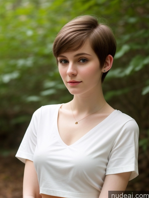 ai nude image of arafed woman in white shirt and brown skirt standing in woods pics of One Small Tits Beautiful Skinny Fairer Skin 18 Brunette Russian Close-up View Shirt Thick Pixie