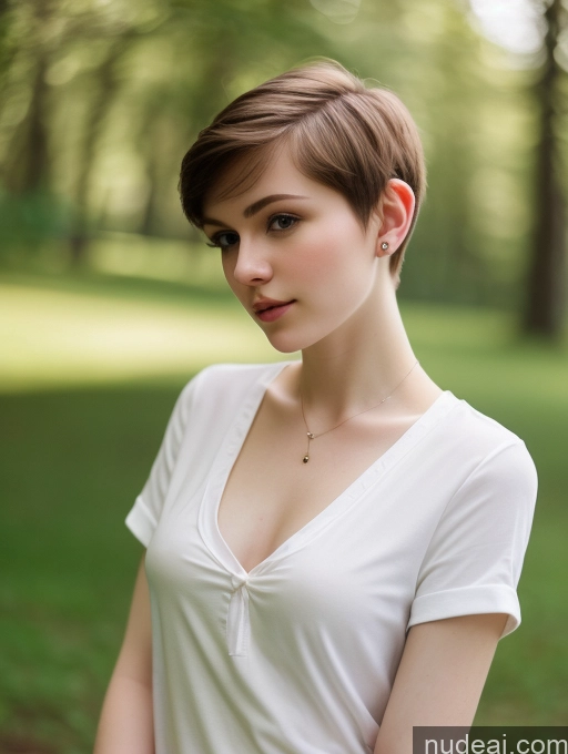 ai nude image of arafed woman with short hair and a white shirt posing for a picture pics of One Small Tits Beautiful Skinny Fairer Skin 18 Brunette Russian Close-up View Shirt Thick Pixie