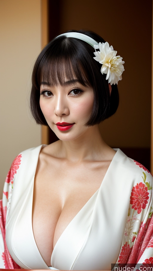 ai nude image of arafed asian woman in a kimono with a flower in her hair pics of Woman One Huge Boobs Beautiful 30s Black Hair Close-up View Detailed Simple Japanese Lipstick Fairer Skin Bobcut Kimono