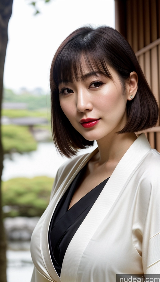 ai nude image of arafed asian woman in a white jacket and black dress pics of Woman One Huge Boobs Beautiful 30s Black Hair Close-up View Detailed Simple Japanese Lipstick Fairer Skin Bobcut Kimono