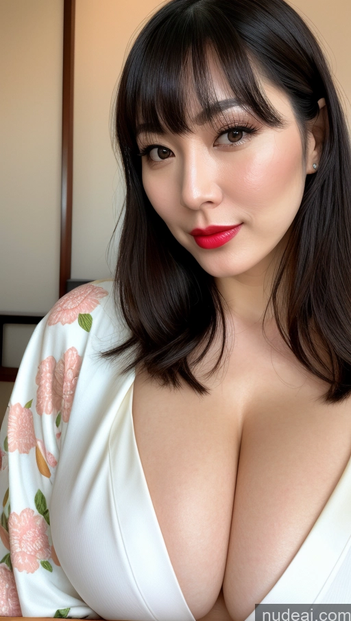 ai nude image of arafed asian woman with big breast posing for a picture pics of Woman One Huge Boobs Beautiful 30s Black Hair Close-up View Detailed Simple Japanese Lipstick Fairer Skin Kimono Bangs