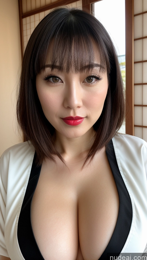 ai nude image of arafed asian woman with a big breast posing for a picture pics of Woman One Huge Boobs Beautiful 30s Black Hair Close-up View Detailed Simple Japanese Lipstick Fairer Skin Kimono Bangs