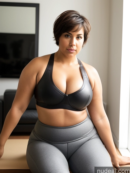 ai nude image of there is a woman in a black bra top and gray pants pics of Perfect Boobs Big Ass Fat Short 40s Serious Brunette Short Hair Leather Sports Bra Yoga Pants Latina