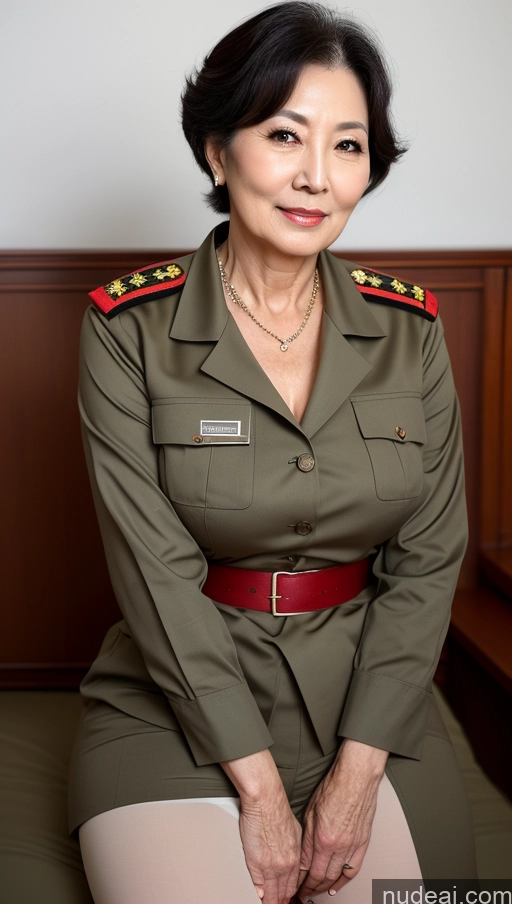 ai nude image of arafed woman in military uniform sitting on a bed pics of Milf Beautiful Pubic Hair Fairer Skin Black Hair 70s Korean Busty Big Ass Big Hips Military