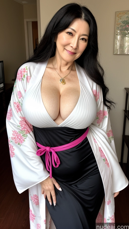 ai nude image of araffed asian woman in a kimono posing for a picture pics of Milf Beautiful Pubic Hair Fairer Skin Black Hair 70s Korean Busty Big Ass Big Hips Cosplay Kimono