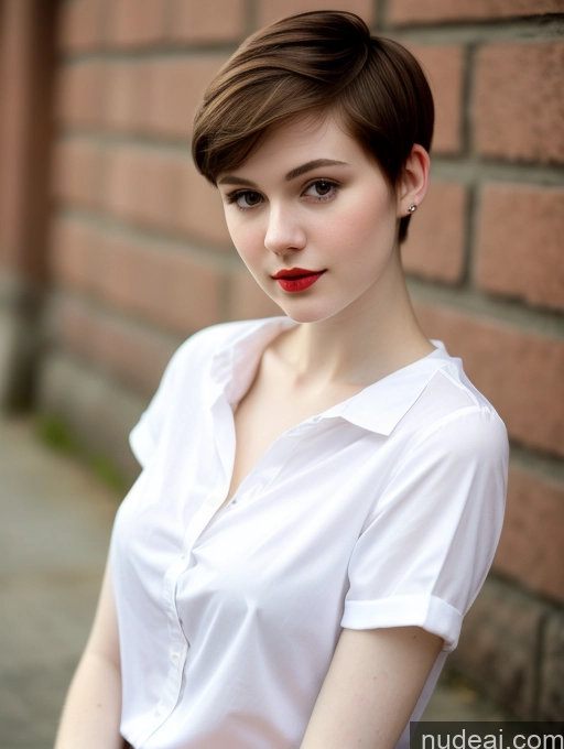 ai nude image of arafed woman with short hair and red lipstick standing in front of a brick wall pics of Small Tits Beautiful Fairer Skin 18 Brunette Pixie Russian Close-up View Shirt Lipstick Skinny