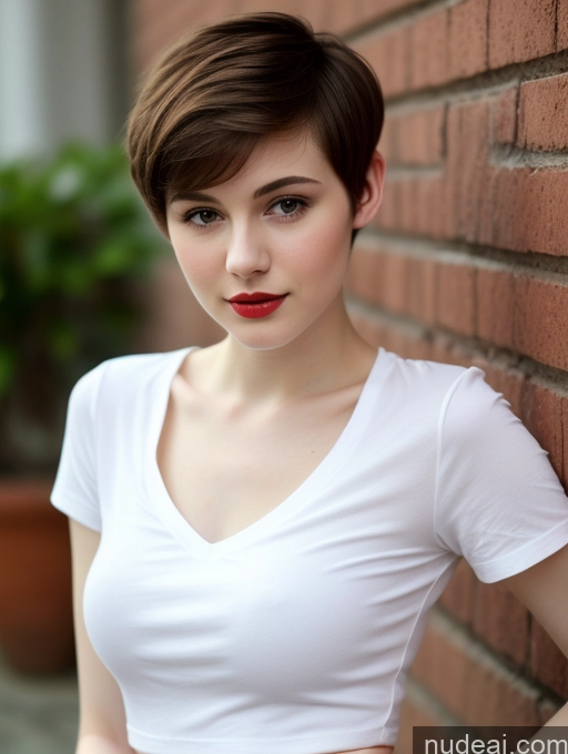 ai nude image of arafed woman in white shirt leaning against brick wall with red lipstick pics of Small Tits Beautiful Fairer Skin 18 Brunette Pixie Russian Close-up View Shirt Lipstick Skinny