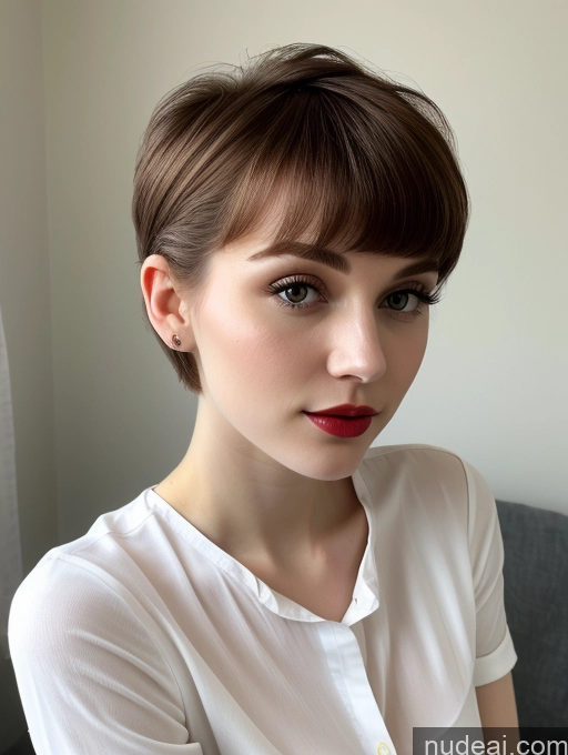 ai nude image of there is a woman with a short haircut and a white shirt pics of Small Tits Beautiful Lipstick Skinny Fairer Skin 18 Brunette Pixie Russian Close-up View Shirt